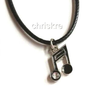 Music Note Necklace Crystal Singer Musician Teacher Gift Black Cord 17-19"
